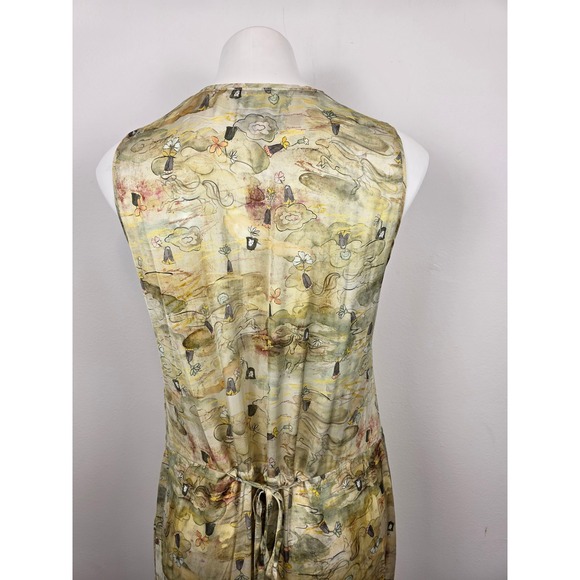 Cotélac Artistic Print V Neck Sleeveless Maxi Dress Pleated Hem Tie Waist Silky - Picture 6 of 11